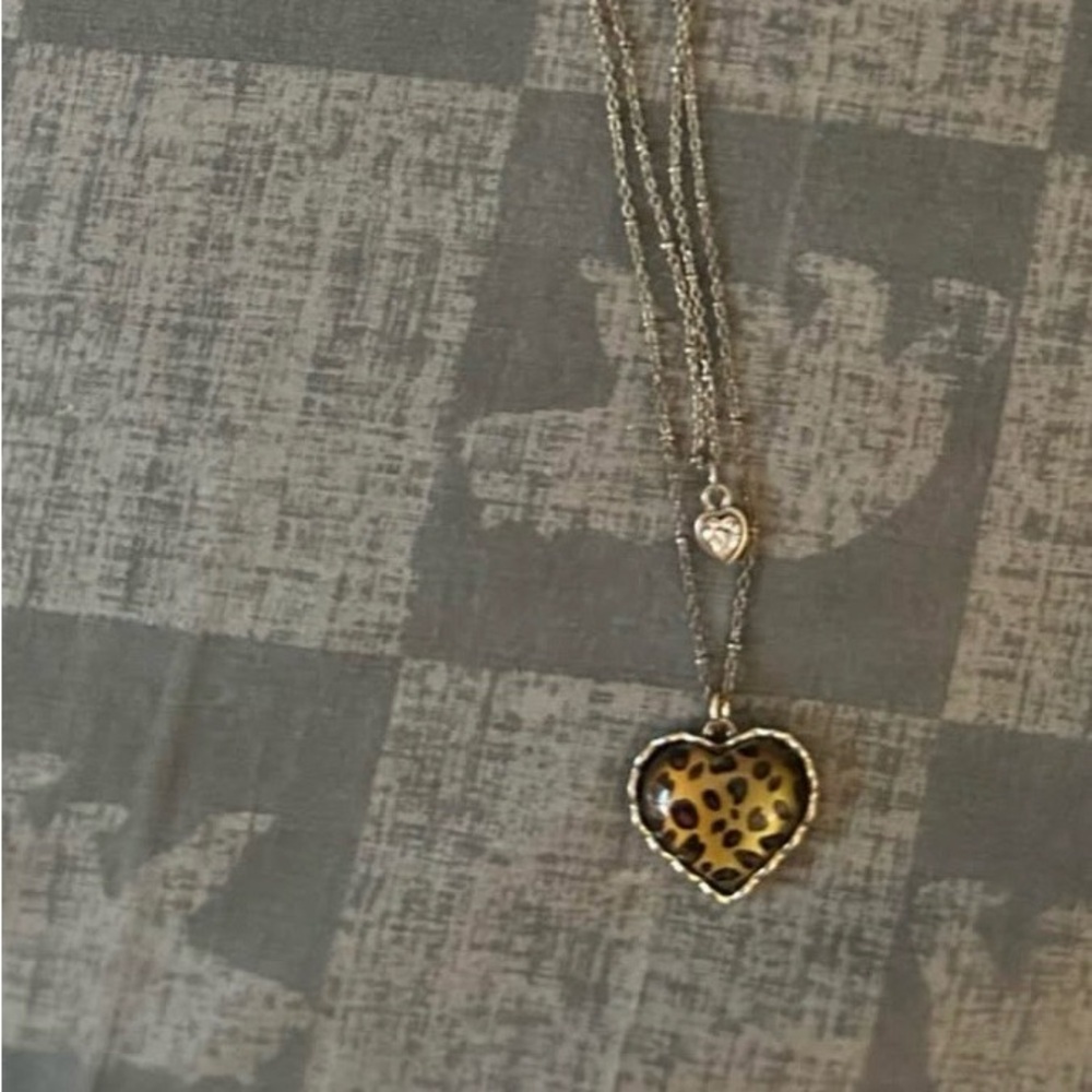 Betsey Johnson Double Heart Cheetah Print Necklace